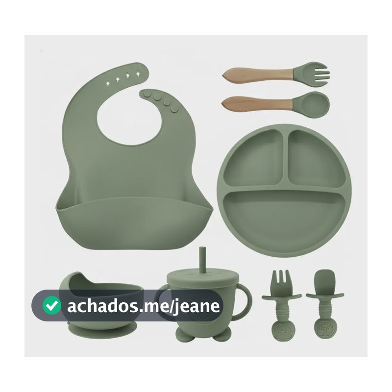 Kit Refeição Bebê Silicone 8 Peças Ventosa Livre Bpa Premium Verde