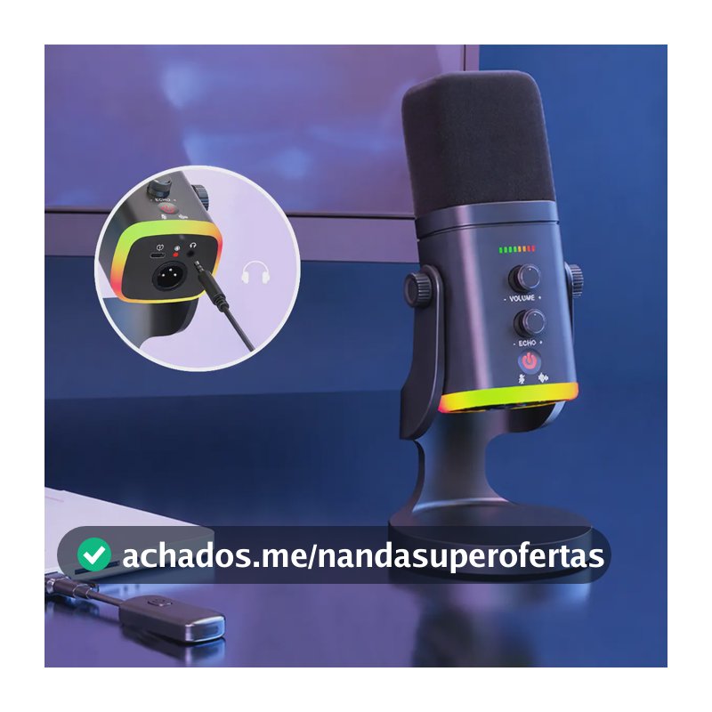 Microfone Gamer Sem Fio Cardioide Dinâmico Para Pc Celular Ampligame Led Rgb Touch Recarregável Fire Phoenix Bk-am8 Pro Preto