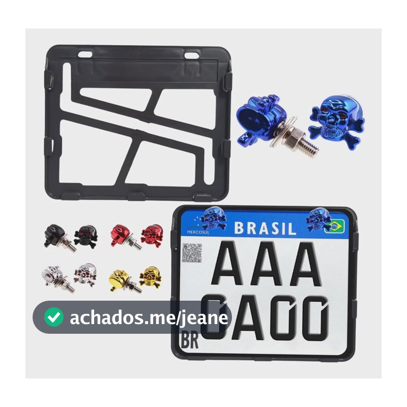 Suporte De Placa Moto Mercosul Com Parafuso Caveira Azul