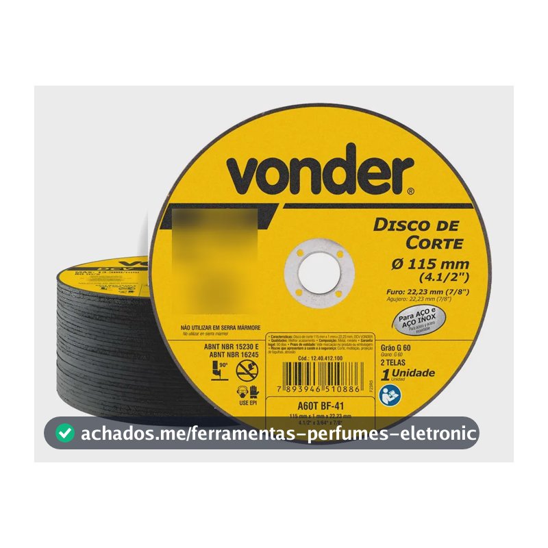 Kit 50 Disco De Corte 115mm X 1,0mm X 22,23mm Grão 60 Vonder Amarelo