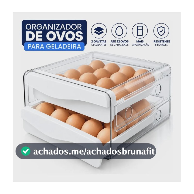 Porta Ovos Organizador Duplo 32 Unidades Com Gavetas Premium Branco