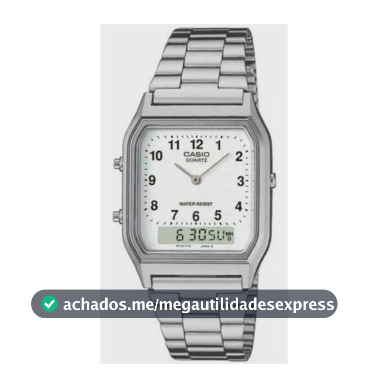 Relógio Casio Vintage Prata AQ230 7BMQ Fundo Branco Caixa e Pulseira em Aço Anadigi