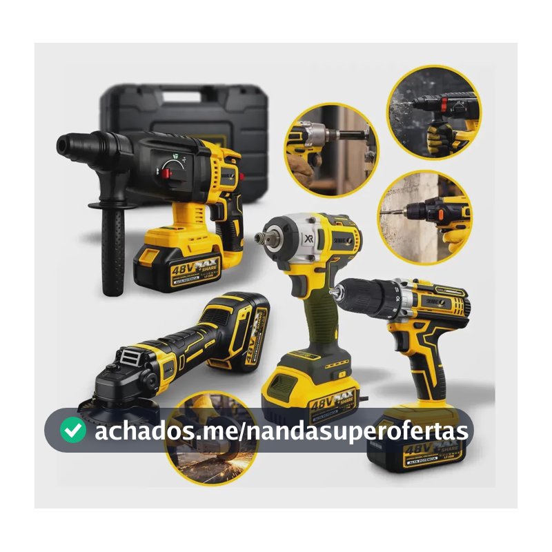 Kit Multi Ferramentas 4 Em 1 48v Sem Fio Com 2 Baterias Furadeira Parafusadeira Martelete Esmerilhadeira Chave De Impacto Com Maleta Alta Potência Uso Profissional E Doméstico Simake