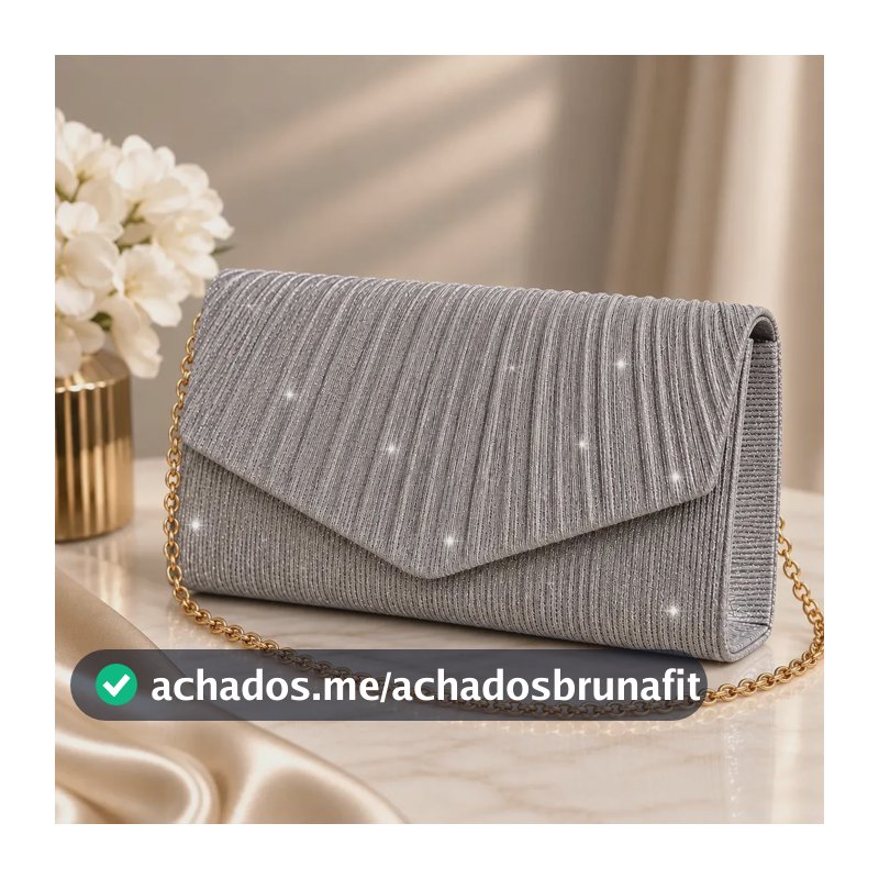 Bolsa Festa Feminina Carteira De Mão Com Corrente Clutch Brilho Cinza Artestore