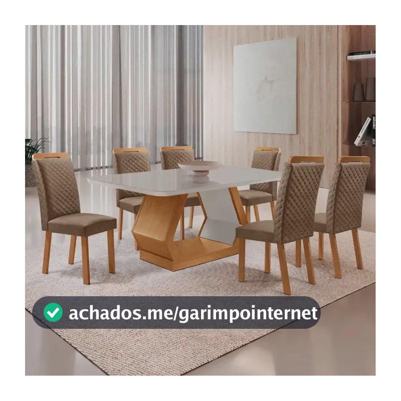 Mesa Jantar Alvorada 180cm Mdf Vidro Copo 6 Cadeiras Lorena Veludo Capuccino/nat/off/serig. Off