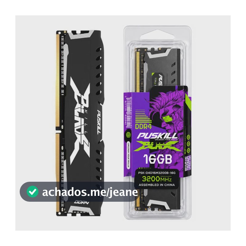 Memória Ram Puskill para PC DDR4 16Gb 3200 MHz Cl16 Preto AMD Intel Computador Desktop - PSK-D4D16M3200B-16GB