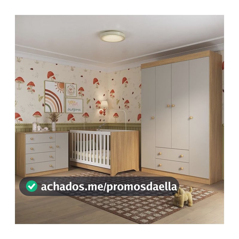 Quarto de Bebê Completo Berço Americano 3 em 1 Encanto Multimóveis MP4581 Madeirado/Off White