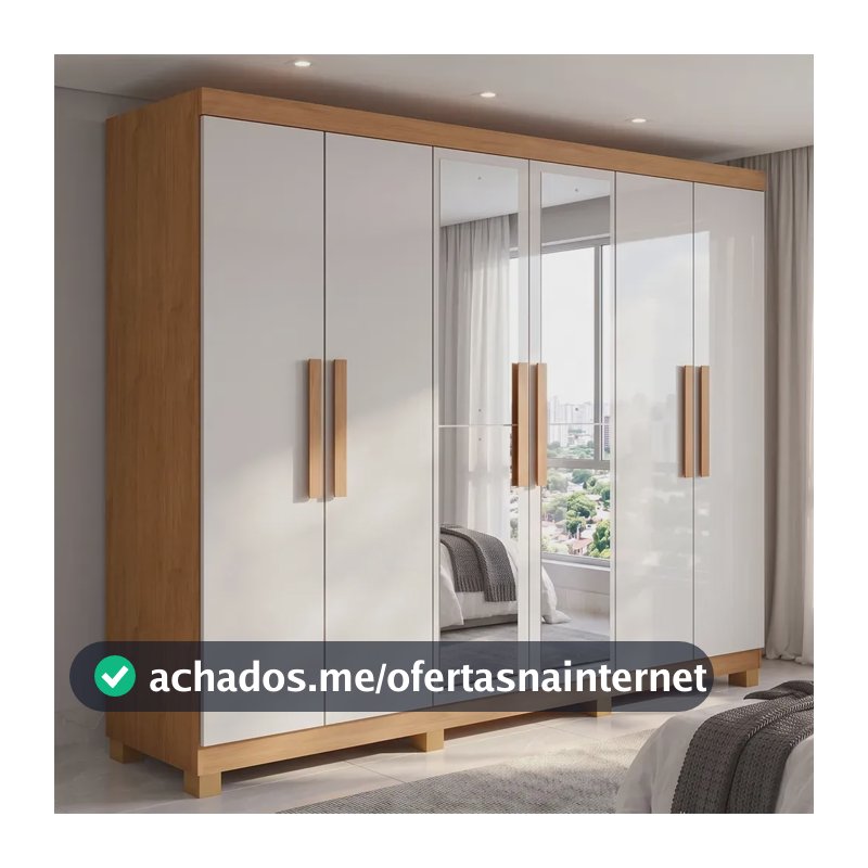 Guarda Roupa Casal 6 Portas Easy Slim Com Espelho E Pés Amêndoa/Off white