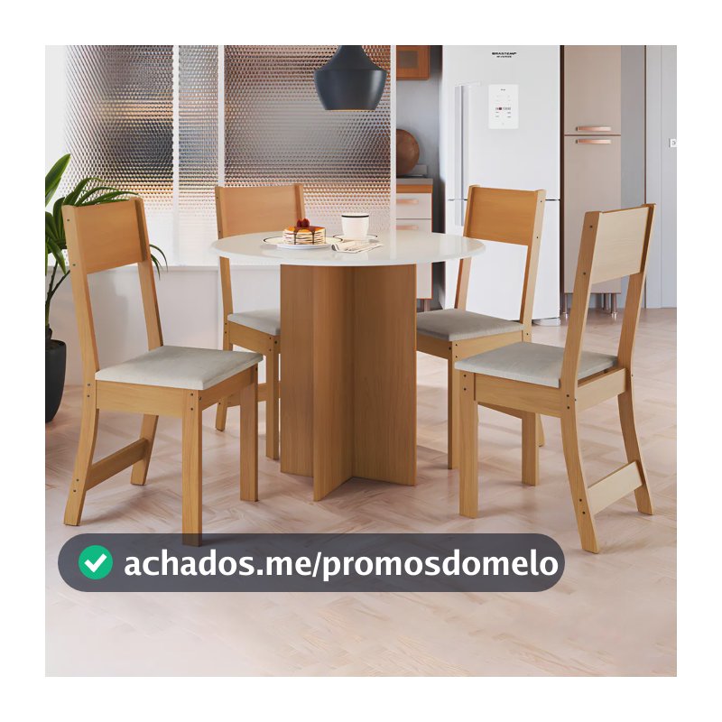 Conjunto Sala de Jantar Mesa Tampo de Madeira Fidelitá Espanha 90cm Com 4 Cadeiras Freijó/Off-White Assento Linho