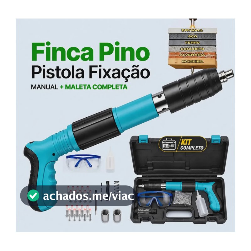 Pistola Fixação Finca Pino Ação Direta Pregos + Maleta Epi Pinador Pregador Grampeador Rebitador De Prego Pressão Manual Ferramenta Para Drywal Gesso Concreto Aço Parede Forro Pvc Grampo Kit Premium
