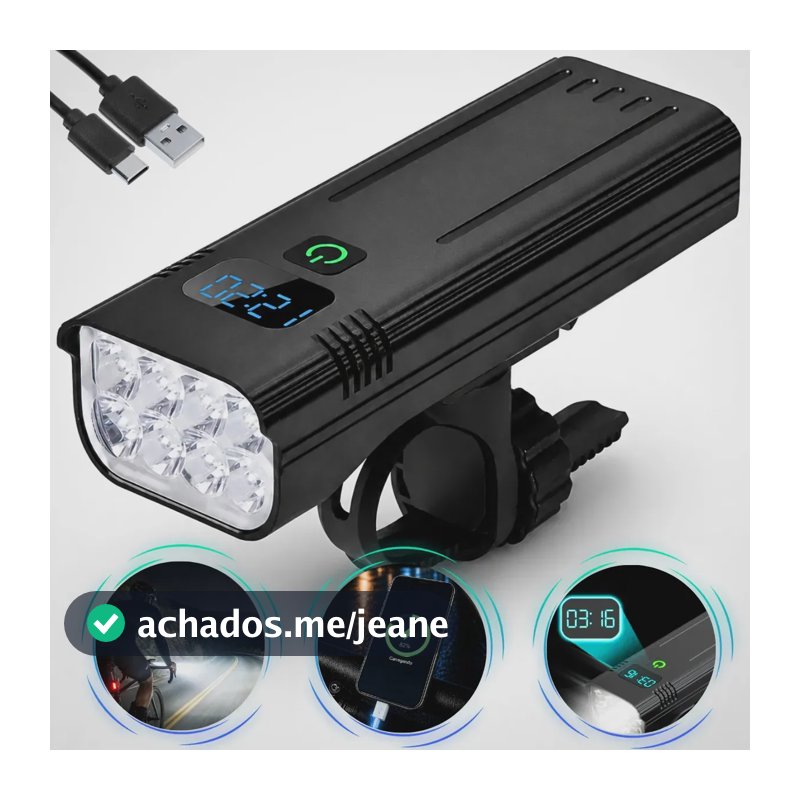 Farol Bike Recarregável Usb 8 Leds T6 Lanterna Bicicleta Profissional Led 10.000 Lumens Super Potente Powerbank Ciclismo Forte Luz Branca Temperatura 7500k Alcance 500 Metros