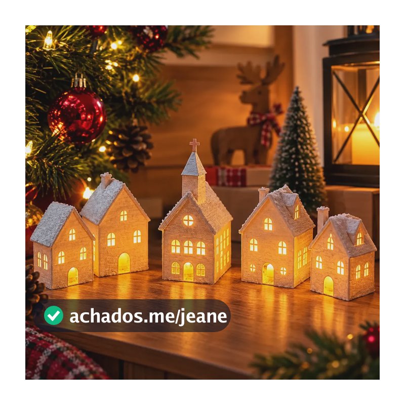 Vila Natalina Kit 5 Casinhas Decoração Com Led Presente Branco Natal