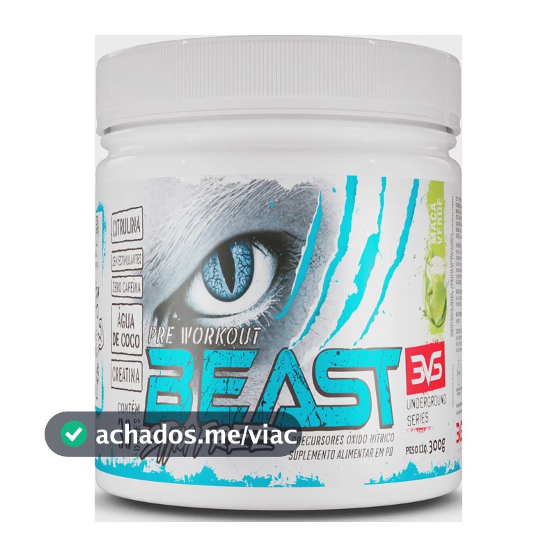 PRÉ TREINO SEM CAFEÍNA BEAST 300g - Sabor Maçã Verde - Fórmula Exclusiva com Citrulina, Beta Alanina, Creatina, Água de Coco, Arginina, Taurina e Tirosina