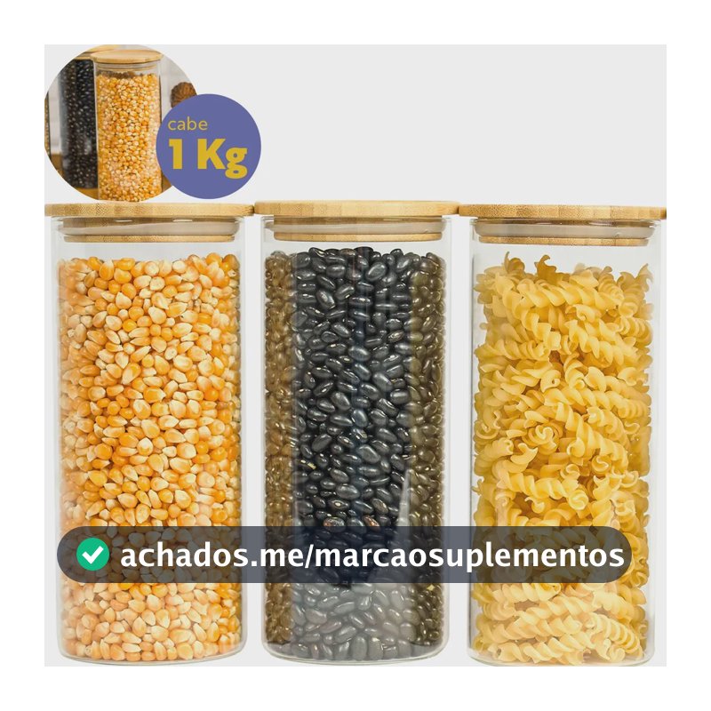 Kit 3 Pote Vidro Hermético Tampa De Bambu 1400ml Cozinha Seiri Transparente Alimentos Mantimentos