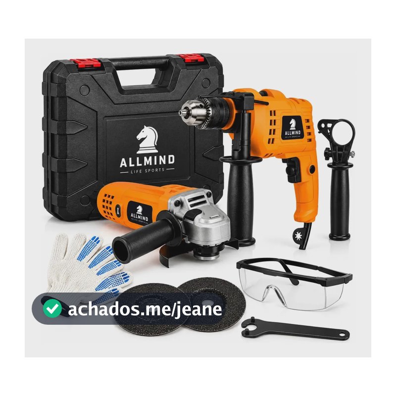Kit Furadeira Parafusadeira de Impacto 500W + Esmerilhadeira Lixadeira 850W 115mm ALLMIND Profissional Com Maleta e Acessórios