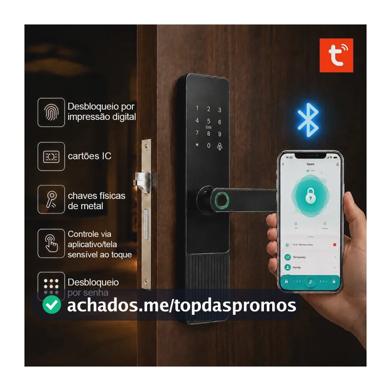 Fechadura Eletrônica Digital Preta com Biometria para Porta, Bluetooth e App Tuya