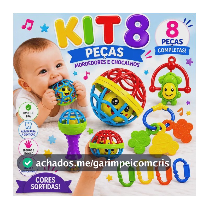 Kit Mordedor para Bebê brinquedo Sensorial Silicone com Chocalho 8 Peças Coloridas