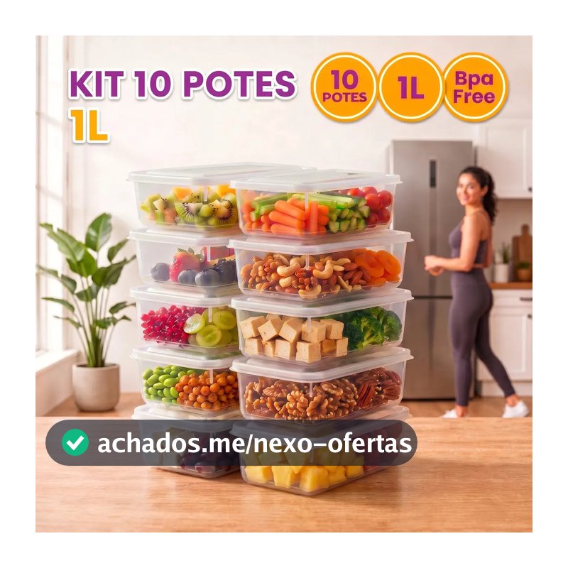 Kit 10 Potes 1 Litro Transparente Marmita Fitness Bpa Free Tampa Hermética Reutilizável Micro E Freezer Mantimentos ponte lar utilidades