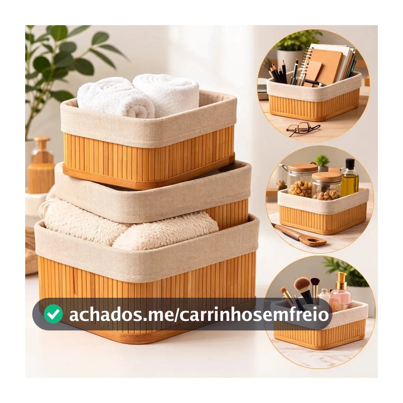 Kit 3 Cestos Organizadores de Bambu Retangulares com Forro Lavável Multiuso Organizar Casa Banheiro Cozinha Guarda-Roupa Lavanderia Armazenamento de Objetos - Nany Pink
