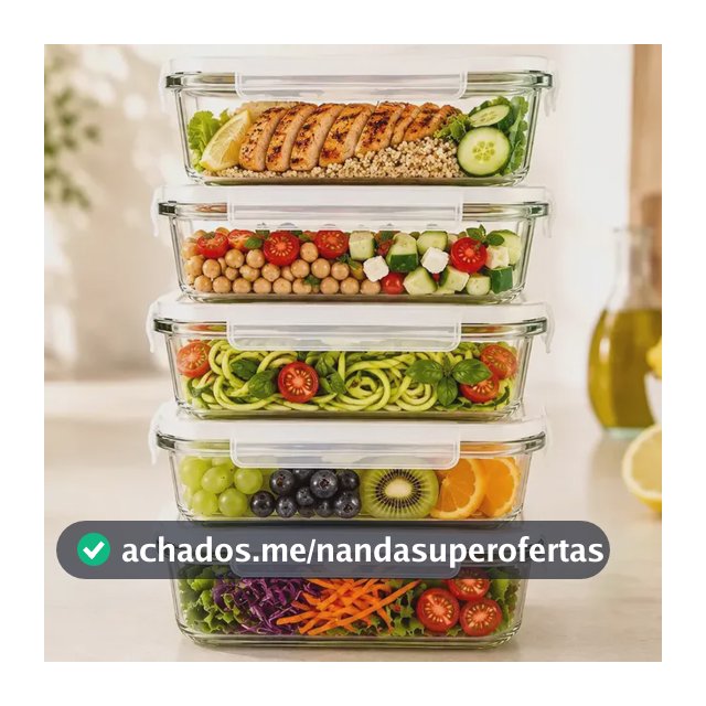 Yab - Kit 5 Potes De Vidro Marmita C/ Tampa Hermético 640ml Retangular 4 Travas Borossilicato Alimentos Micro-ondas Freezer Geladeira