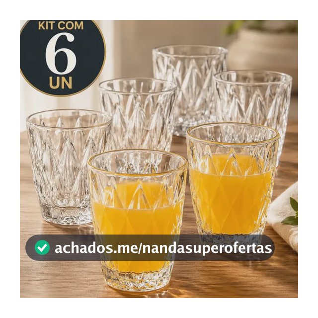 Jogo 6 Copos 300ML Grande Vidro Grosso Diamond Resistente Transparente Kit para Drink Água Suco Restaurante Diamante Sólar