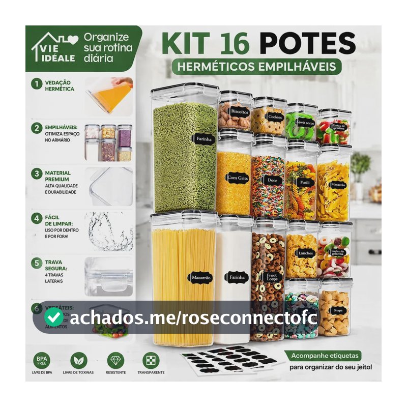 Vie Idéale Kit 16 Potes Herméticos Mantimentos Quadrado Cozinha Tampa Trava