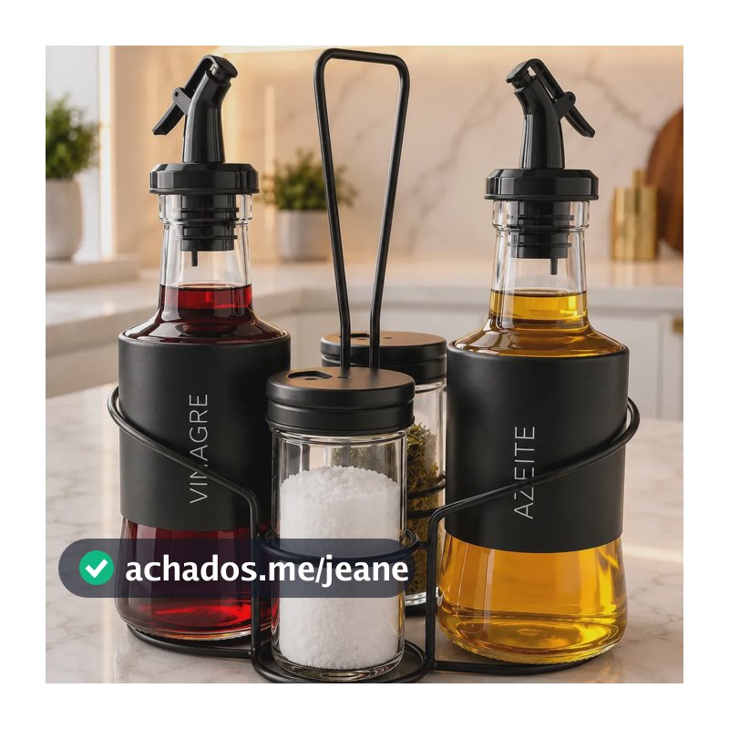 Galheteiro 5 Peças Vidro Porta Azeite Vinagre Sal Bico Dosador Kit Mesa Sólar Preto 200ml