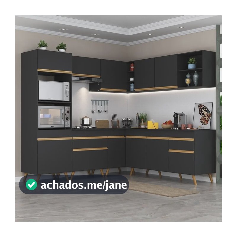Armário Cozinha Completa De Canto Veneza Multimóveis V2045 Cor Preto/Dourado