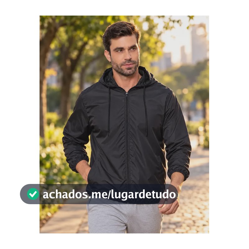Jaqueta Corta Vento Masculina Impermeável Capuz Zíper Bolso Preto G Liso