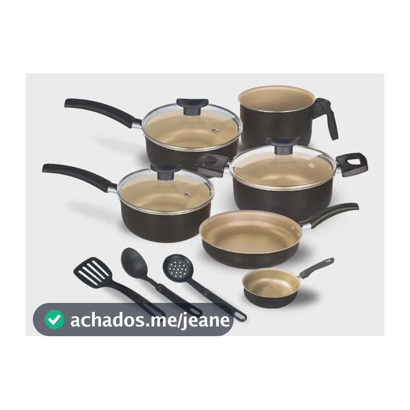 Jogo De Panelas Com 9 Teflon Frigideira Cor Granito Cor Preto Com Bege