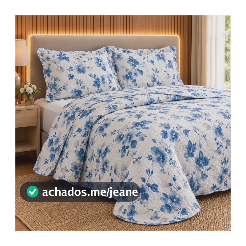 Kit Cobre Leito Casal Queen Dupla Face Colcha 200 Fios3 Pçs Floral Azul