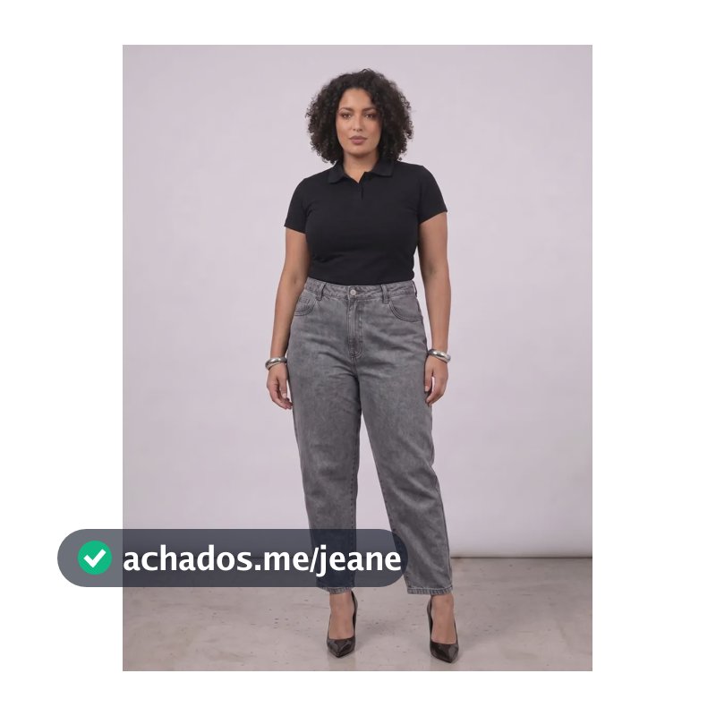 Calça Plus Size Jeans Feminina Mom Cos Alto Algodao Baggy Preta Estonada 52