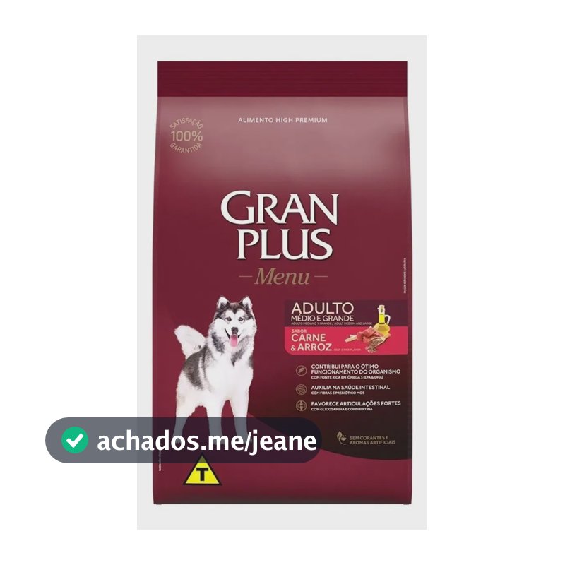 Ração Gran Plus Menu Cão Adulto Médio e Grande Carne Arroz 15kg