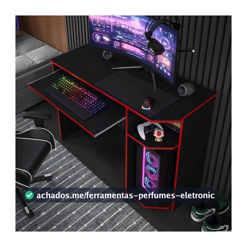 Escrivaninha Mesa Para Computador Gamer Teclado Cpu Cor Preto Vermelho