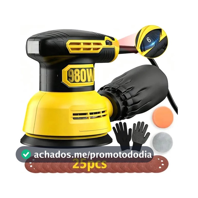 Lixadeira Orbital 980w com Velocidade Variável e Coletor de Pó, De 18000rpm + 25 Lixas Kit Completo