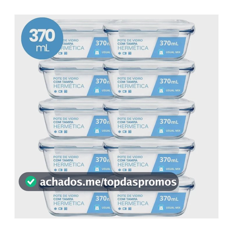 Kit 10 Pote Vidro Hermético Marmita 370ml Micro-ondas Freezer Forno Organização Geladeira