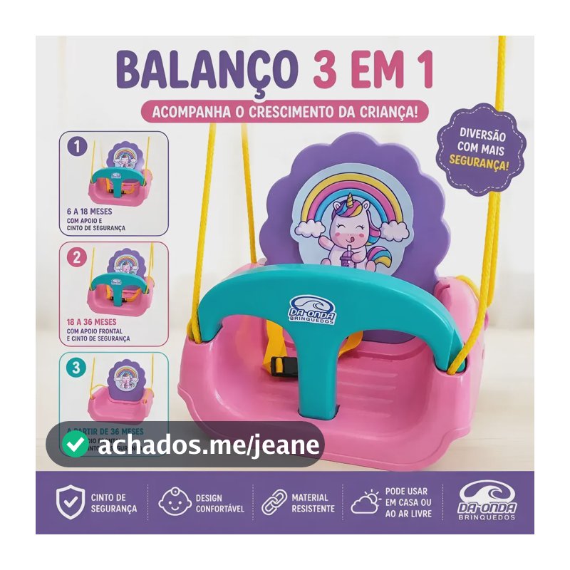 Balanço Infantil 3em1 Com Encosto Proteção Ajustável Da Onda Rosa