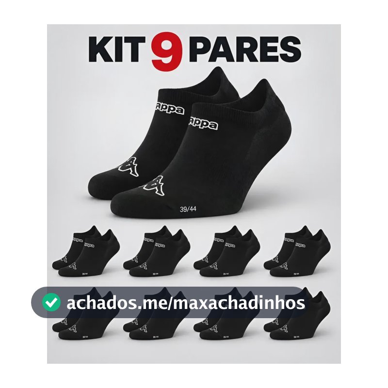 Kit 9 Pares Meias Kappa Sapatilha Soquete Invisível Original Preto 38-43