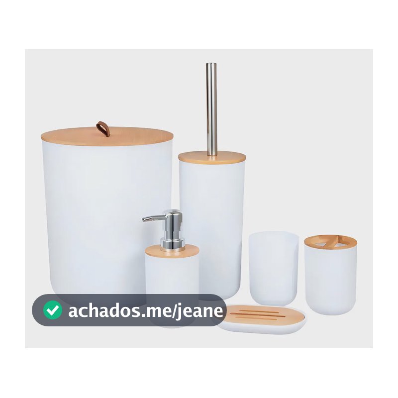 Kit Conjunto Banheiro 6 Peças Lixeira Com Tampa Bambu Plástico Organizador Decoração Lavabo Suporte Sabonete Liquido Escova de Dente Lixo Escova de Vaso Sanitario Shokki Cor Branco