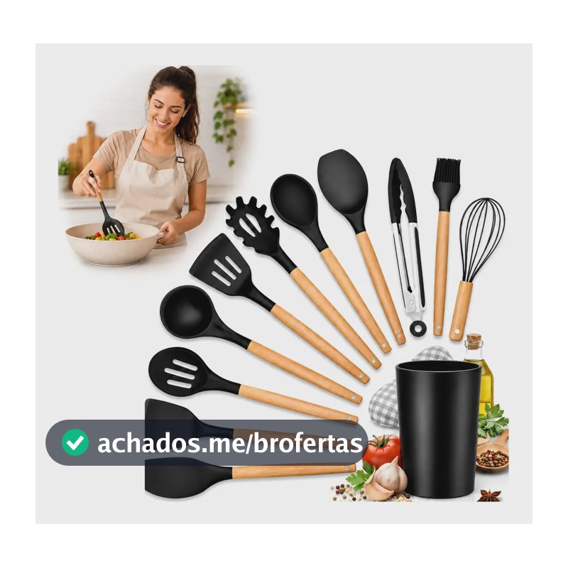 Kit Utensilios Cozinha Silicone Madeira 12 Pcs Preto