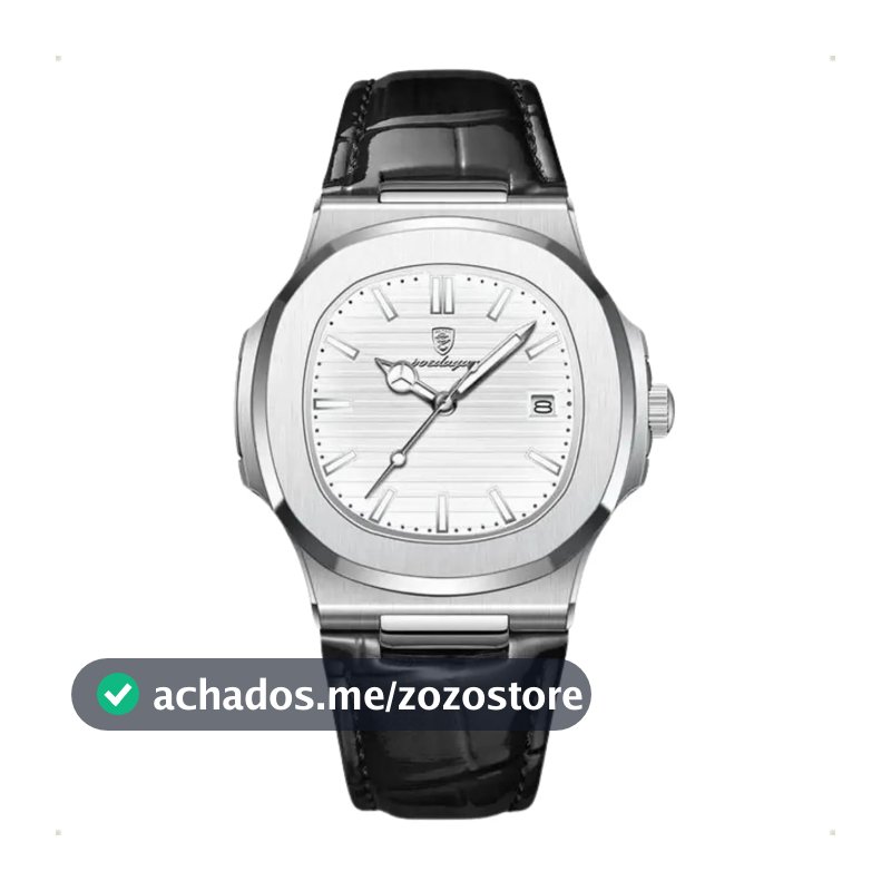 Relógio Classic Vintage Suíço Masculino Em Couro Esportivo Correia Preto Bisel Prateado Fundo Branco