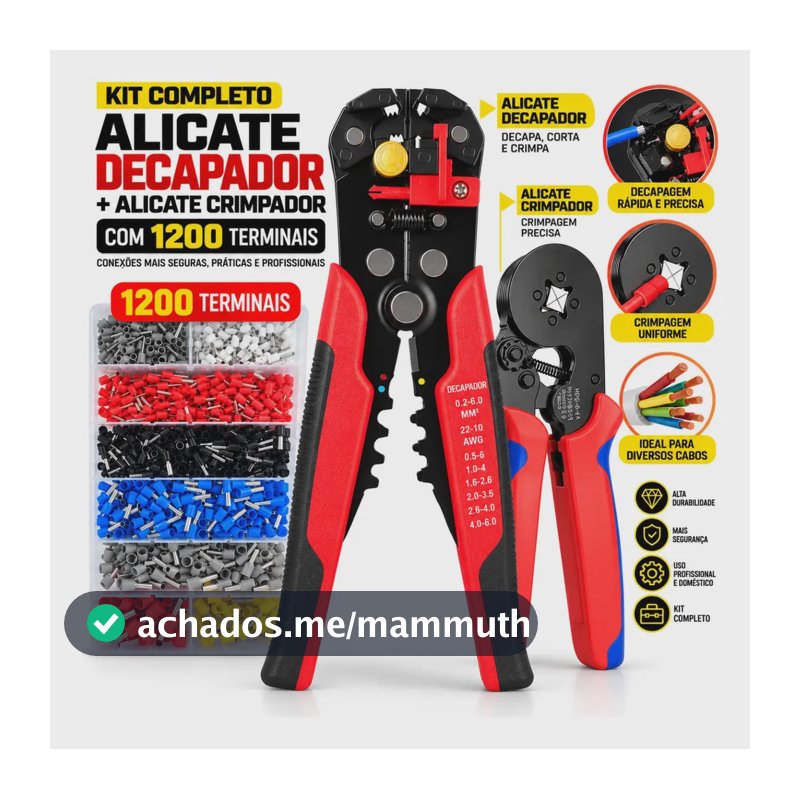 Alicate Crimpar Prensa Terminal Tubular Decapar Descascador Crimpador Ilhós 0,25 Até 10mm Kit Eletricista Profissional