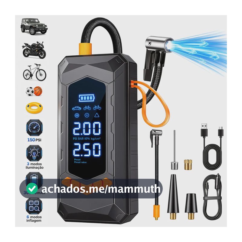 aweshine Compressor De Ar Portátil Digital 150PSI Com Calibrador De Pneus Portátil,6 Modos De Inflação Luz De Emergência 3 Modos Para Carro Moto Bicicleta
