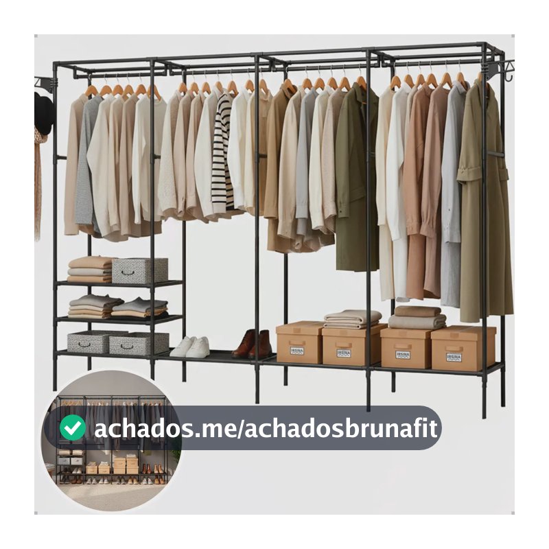 Guarda Roupa Cabideiro Organizador Closet Aberto Desmontavel Arara Divisórias 10 Prateleiras Aço Resistente Preto Irsina