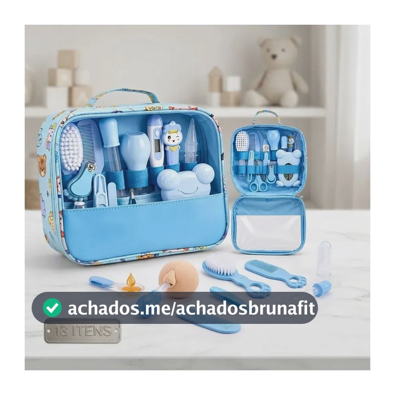 Kit Higiene Bebê Completo Azul Bolsa Maternidade Termômetro Digital Escova Pente Cortador Unha Aspirador Nasal Cuidados Recém Nascido Enxoval Acessórios Higiene Infantil