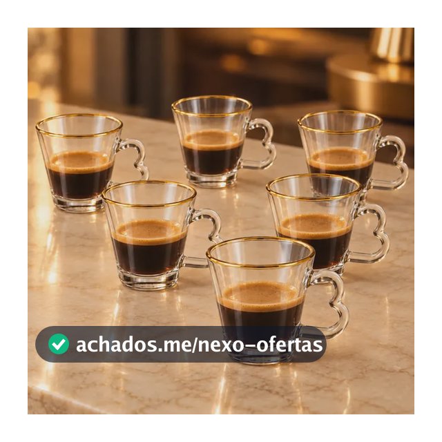Kit 6 Xícaras Café 90ml Vidro Borda Dourada Alça Coração Transparente Com Borda Dourada Alça Em Formato De Coração