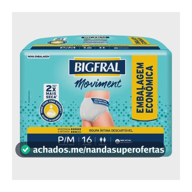 Roupa Íntima Bigfral Moviment P/M 16 Unidades Tamanho Médio