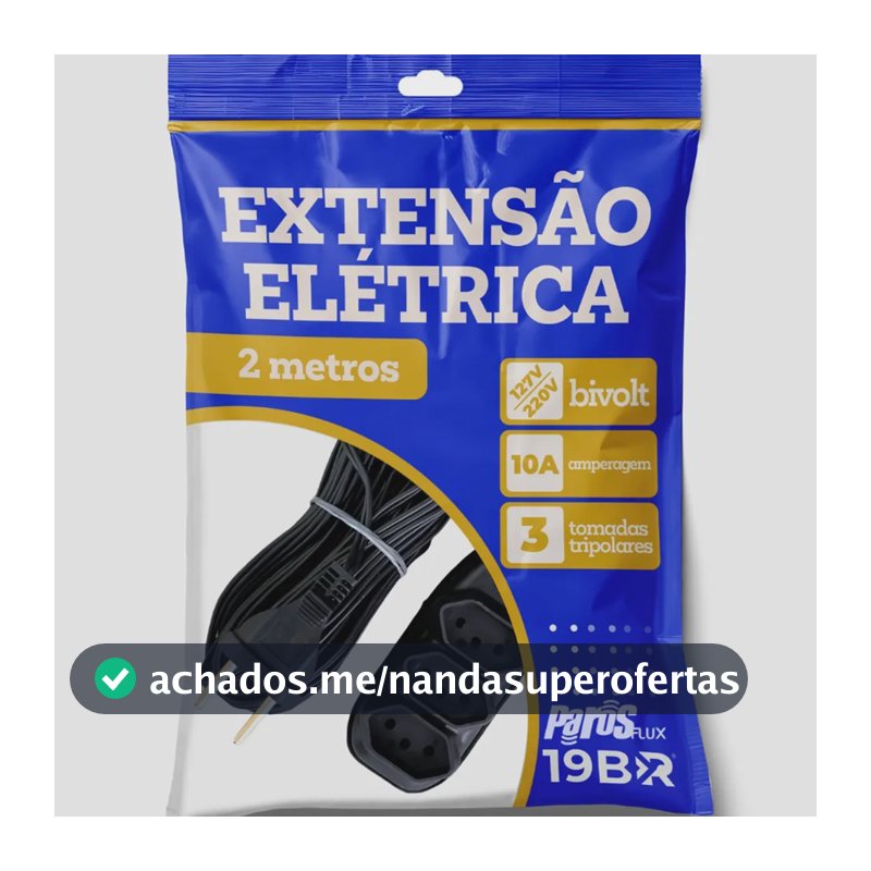Extensão Elétrica 2 Metros com 3 Tomadas Bivolt Preta Parosflux