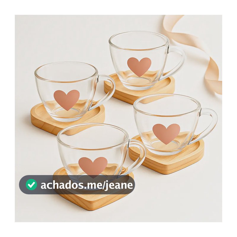 Jogo Xícaras Chá Café Vidro Com Pires Madeira Coração 8 Pçs Rosa 4 Xícaras Chá Coração Rosa E 4 Pires