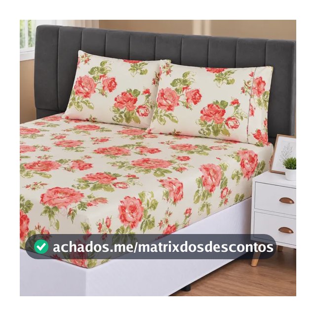 Jogo Lençol Casal 3pç 400 Fios Hipercal Conforto Macio Pétalas Rosa Com Verde Estampado